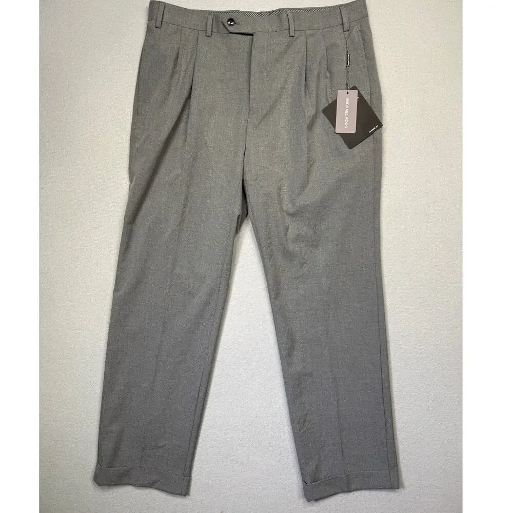 Michael Kors Men's Pleated Solid Classic Fit Pants Grey 35X30 $98